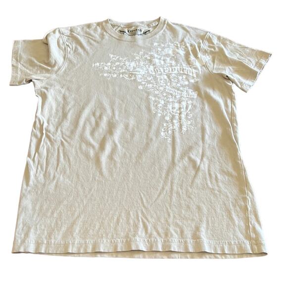 Express Mens Size S Tan & White Graphic Tee Shirt Skulls Floral - Picture 1 of 6